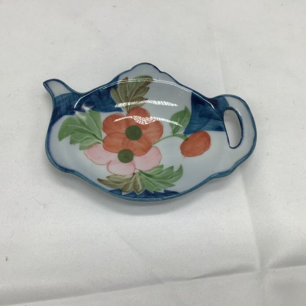 Set of 2 Blue Floral Ceramic Teabag Tidy Coasters Teapot Shape Cottagecore - Picture 2 of 4